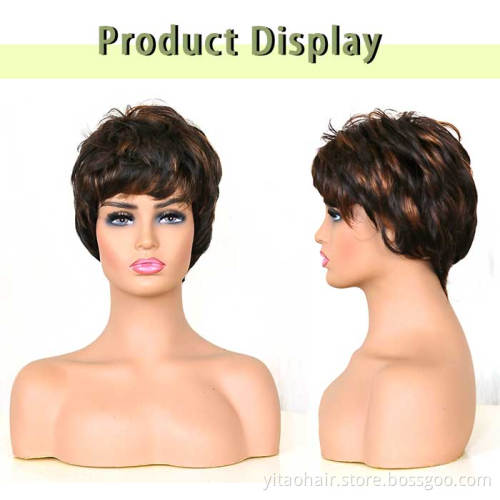 Whosale price short cut pixie wigs Ombre colored synthetic hair wigs with bangs for women